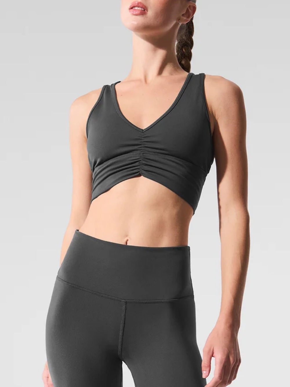 Alo Yoga Charcoal Gray Wild Thing Ruched V-Neck
Crop Sports Bra Size S